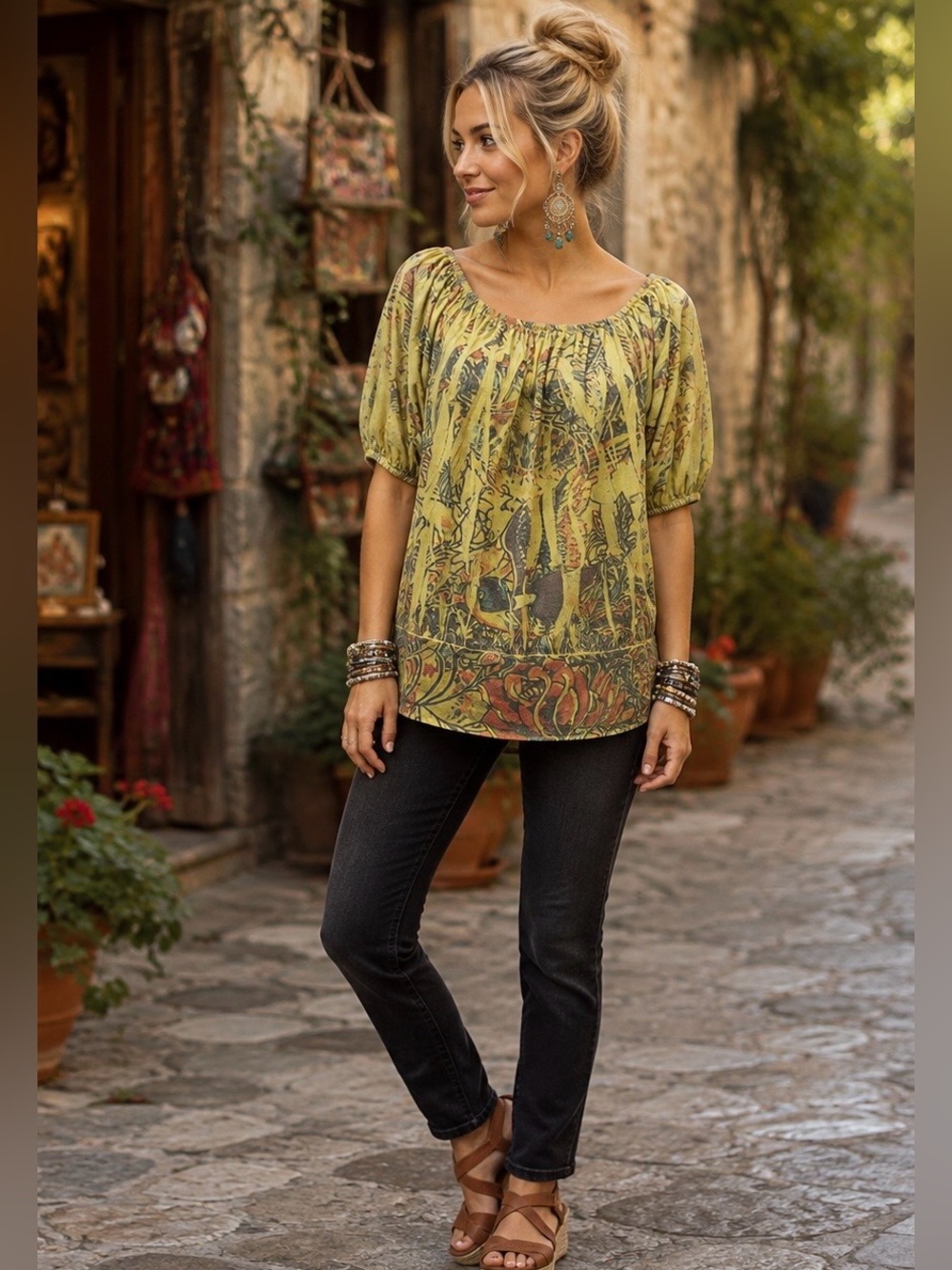 MCM Chartreuse Tattoo Floral Art Print Peasant Blouse Large